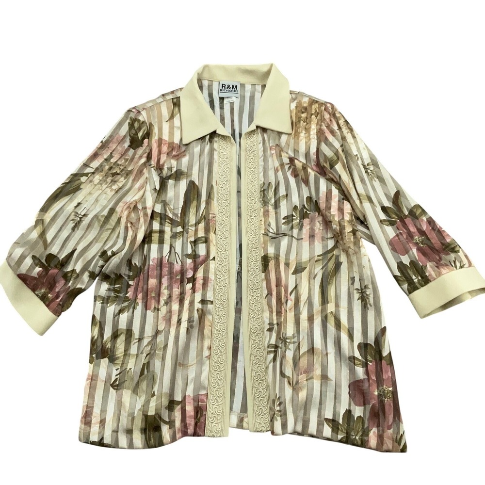 R&M Richards Jacket Women 16 Beige Green Floral Damask Stripe Eceltic Boho